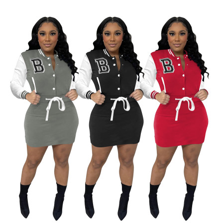 European and American women's baseball uniform embroidered letter wrapped buttocks sexy long sleeved dress