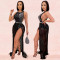 Nightclub Hot Diamond Bead Mesh Sexy Tassel Dress Two Piece Set for Women