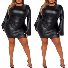 New solid color round neck plus size women's fashionable tight fitting hip hugging dress