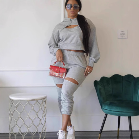 Shoulder sleeves hooded sweatshirt sports pants set, two-piece set, thick sweatshirt pull frame
