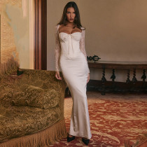 Elegant temperament women's dress long sleeved lace patchwork satin backless slim fit dress