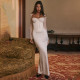 Elegant temperament women's dress long sleeved lace patchwork satin backless slim fit dress