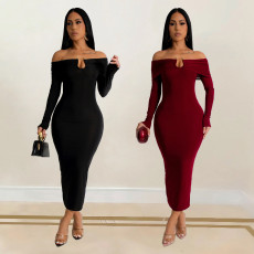 Fashionable women's solid color sexy long skirt, hip hugging slim fit dress