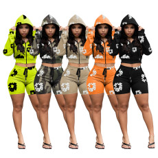 Long sleeved hooded shorts trendy printed fashion sports suit