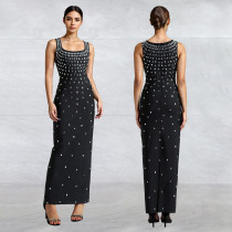 Fashionable women's rhinestone U-neck sleeveless hip hugging tight dress