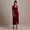 New Women's Elegant Dress with Sexy Long Sleeves, Split Bay Ribbon Evening Dress, Hollow out Medium length Skirt