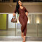 Sexy jumpsuit with waist, wooden ears, coffee colored long pants, tight fitting jumpsuit