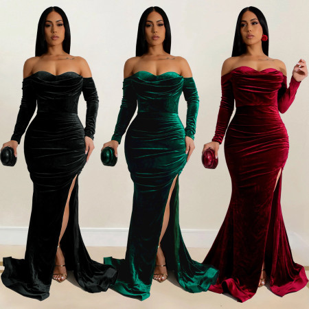 Fashion women's solid color slit evening dress low cut dress new