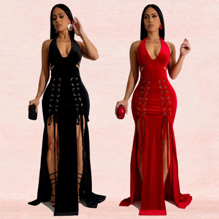 Fashionable women's hanging neck bag arm sexy slit jumpsuit long skirt new