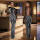 Fashionable women's rhinestone long sleeved sexy tight fitting hip hugging dress