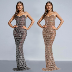 Fashionable women's sexy suspender, rhinestone hot stamping, slim fit, hip hugging dress