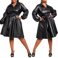 New solid color lapel leather jacket, fashionable and loose casual plus size dress