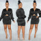 Fashionable and sexy solid color long sleeved hollow pleated mid skirt dress