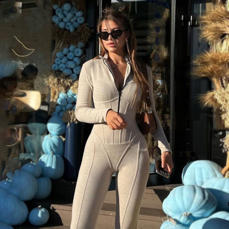 Solid color long sleeved zipper leggings for autumn and winter, new round neck long fitting jumpsuit for women