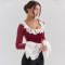 Fashionable and sexy patchwork lace slim fit T-shirt hot selling velvet trumpet sleeve fishbone top