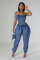 Splicing strapless women's high stretch fashionable waist cinching and slimming denim jumpsuit
