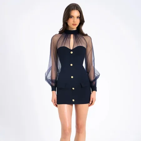 Autumn and Winter Fashion Sexy Mesh Splicing Hip hugging Short Skirt New Spicy Girl Half High Collar Slimming Dress