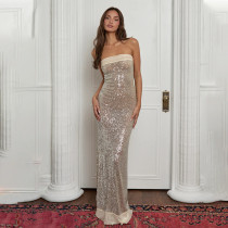 Women's evening dress elegant strapless slim fit long skirt with sequins slit backless dress