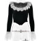 Fashionable and sexy patchwork lace slim fit T-shirt hot selling velvet trumpet sleeve fishbone top