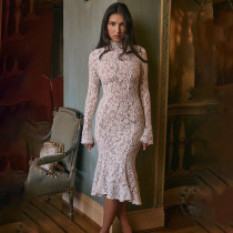 New French style hip hugging long skirt with lace long sleeves and round neck, fish tail slim fit dress