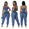 Splicing strapless women's high stretch fashionable waist cinching and slimming denim jumpsuit