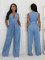Tight waist slim fit elastic wash denim jumpsuit straight tube loose jumpsuit