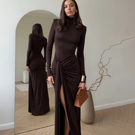 Autumn and winter fashionable and sexy high slit strap wrapped long skirt, new spicy girl high neck slim fit dress