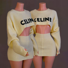 Fashionable and sexy embroidered long sleeved mini skirt set with exposed navel