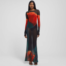 Winter fashion sexy perspective slim fit dress cross-border new hot selling printed round neck long dress