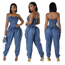 Splicing strapless women's high stretch fashionable waist cinching and slimming denim jumpsuit