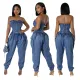 Splicing strapless women's high stretch fashionable waist cinching and slimming denim jumpsuit