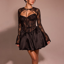 Sexy long sleeved lace strapless patchwork A-line skirt