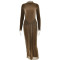 Hot selling long sleeved ribbon long skirt, fashionable and sexy pleated slim fit dress