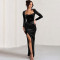 Sexy slit square neck dress, fashionable and elegant velvet pleated dress