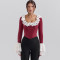 Fashionable and sexy patchwork lace slim fit T-shirt hot selling velvet trumpet sleeve fishbone top