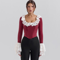 Fashionable and sexy patchwork lace slim fit T-shirt hot selling velvet trumpet sleeve fishbone top