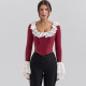 Fashionable and sexy patchwork lace slim fit T-shirt hot selling velvet trumpet sleeve fishbone top