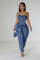 Splicing strapless women's high stretch fashionable waist cinching and slimming denim jumpsuit