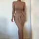 Hot selling long sleeved ribbon long skirt, fashionable and sexy pleated slim fit dress
