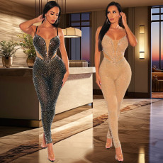 Fashionable women's hot pressed diamond sexy slim fit bag arm suspender jumpsuit