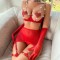 Internet celebrity lingerie with exposed chest, heart-shaped chain, sexy perspective mesh five piece set
