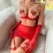 Internet celebrity lingerie with exposed chest, heart-shaped chain, sexy perspective mesh five piece set