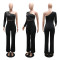 Women's Fashion Single Shoulder Long Sleeve Hot Diamond Splicing jumpsuit Long Pants Bellbottom Pants