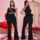 Women's Fashion Single Shoulder Long Sleeve Hot Diamond Splicing jumpsuit Long Pants Bellbottom Pants