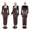 Sling slit long skirt paired with fashionable fur long sleeved printed two-piece set without hat