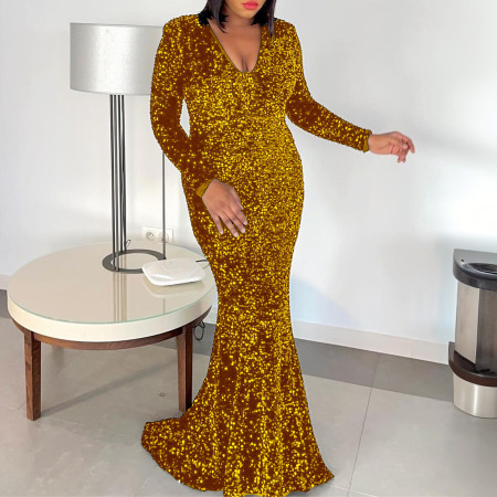 New women's independent station sequin fish tail sexy long dress with trailing party evening gown