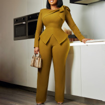 Fashion women's winter new style fashion temperament solid color long sleeved top and pants set