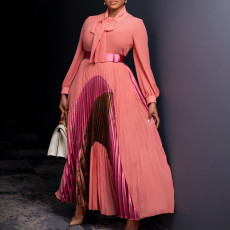 Autumn new style lace up pleated long sleeved color matching elegant cross-border dress