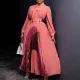 Autumn new style lace up pleated long sleeved color matching elegant cross-border dress