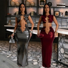 Sexy women's fashion solid color set sleeveless short top paired with long skirt